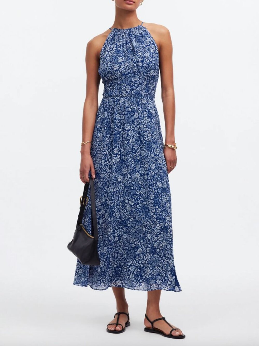 New Madewell Smocked Halter Midi Dress in Blue Floral Size 4